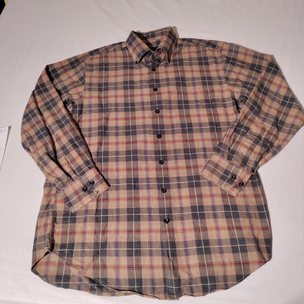 Scott Barber Mens Medium Plaid Flannel Button Down Shirt Cotton Tan Navy Pink